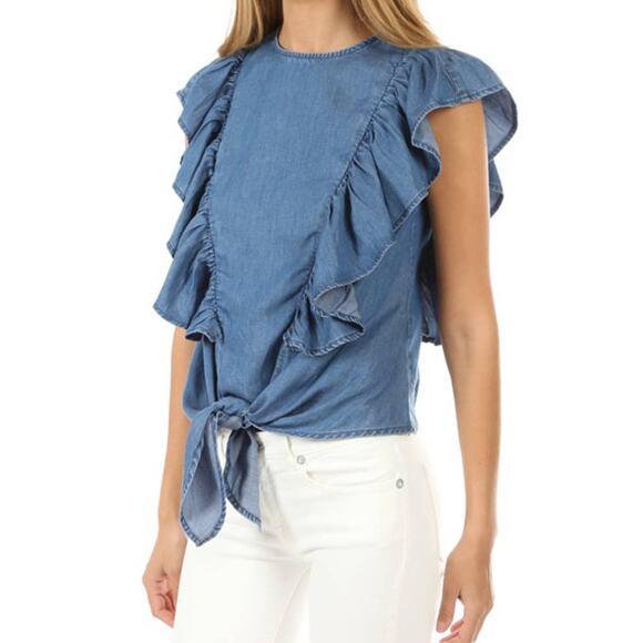 Frame Blue Ruffle Blouse Size Medium - Picture 3 of 16